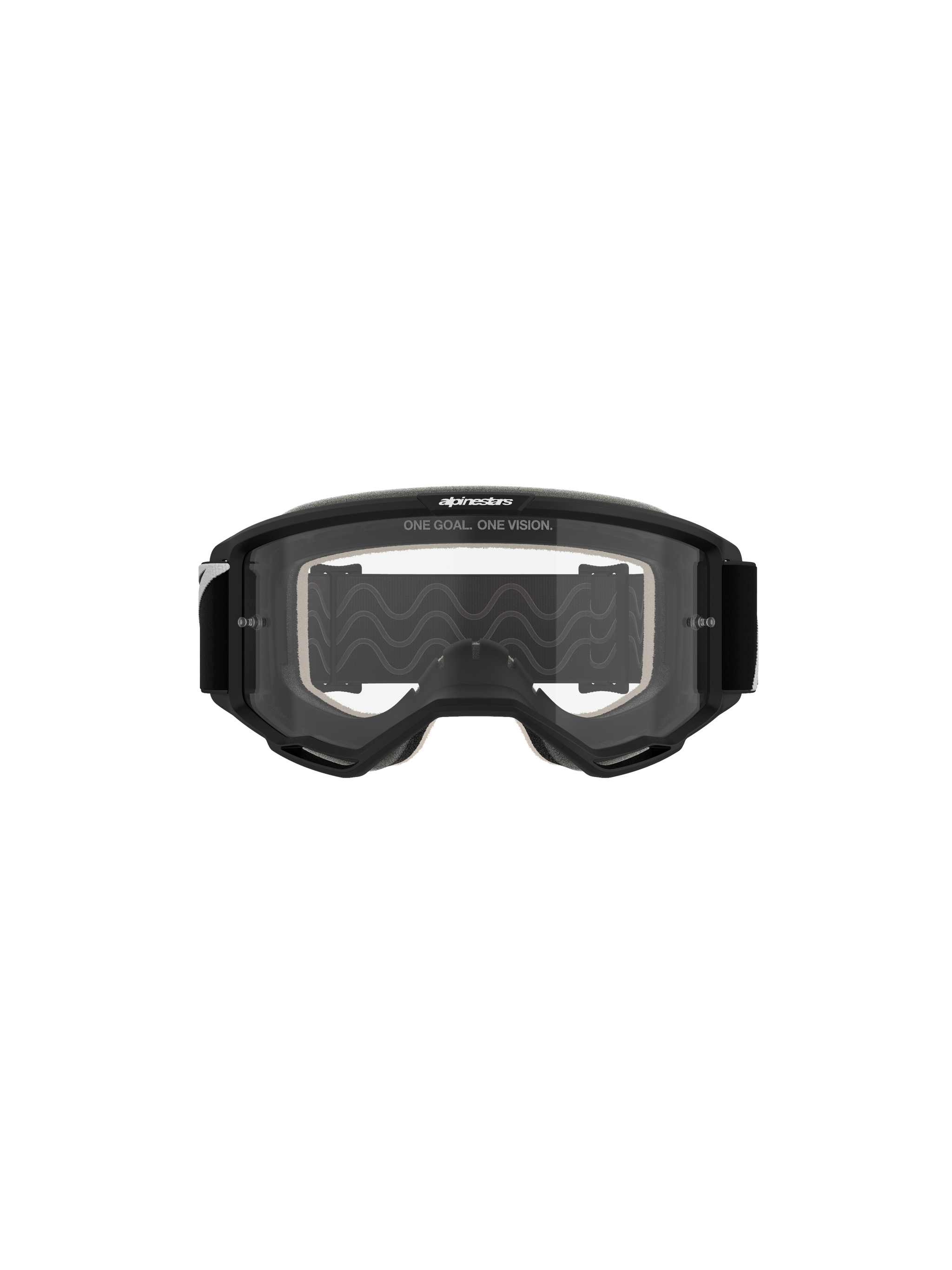 Alpinestars Vision 5 Corp Goggles, Motocross Goggles, Black Frame with Clear Lens, front view, featuring 'ONE GOAL. ONE VISION.' branding on top, wide viewport design for off-road racing.