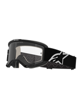 Alpinestars Vision 5 Corp Goggles, Motocross Goggles, Black and Clear, featuring a clear anti-fog lens, black frame with RAM-AIR ventilation, and a wide black strap with a white star logo, designed for off-road racing.
