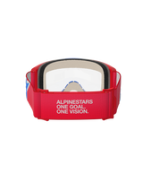 Alpinestars Vision 5 Corp Goggles, Motocross Goggles, Red White and Blue with Clear Lens, rear view showing wide red woven strap with white 'ALPINESTARS ONE GOAL. ONE VISION.' branding, red urethane frame and thick face foam, designed for professional off-road performance
