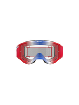 Alpinestars Vision 5 Corp Goggles, Motocross Goggles, Red White and Blue with Clear Lens, red frame with blue and white gradient accents, red woven strap, features 'ONE GOAL. ONE VISION.' branding on the lens, durable eye protection for off-road racing