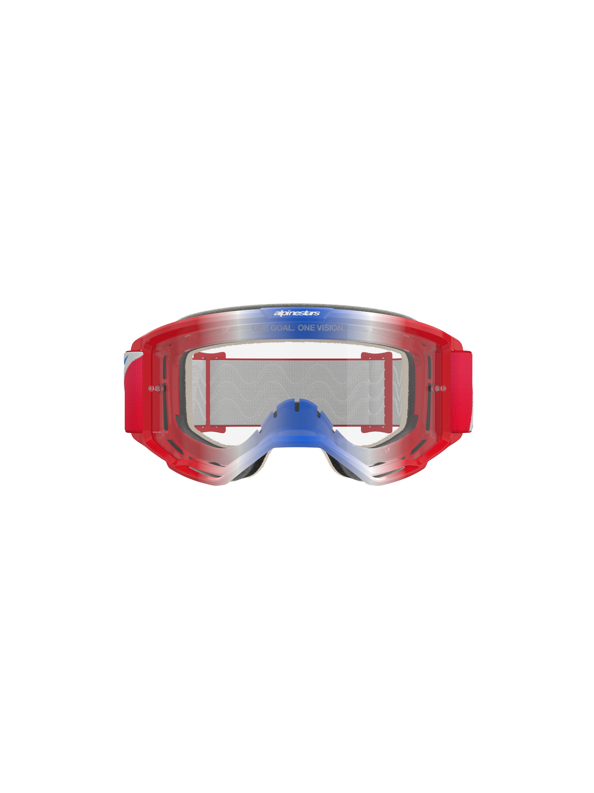Alpinestars Vision 5 Corp Goggles, Motocross Goggles, Red White and Blue with Clear Lens, red frame with blue and white gradient accents, red woven strap, features 'ONE GOAL. ONE VISION.' branding on the lens, durable eye protection for off-road racing
