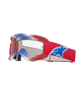 Alpinestars Vision 5 Corp Goggles, Motocross Goggles, Red White and Blue, Clear Lens, Red frame with gradient blue and white top accents, red strap with a large blue and white Alpinestars star logo, multi-layer foam padding, high-performance racing eyewear