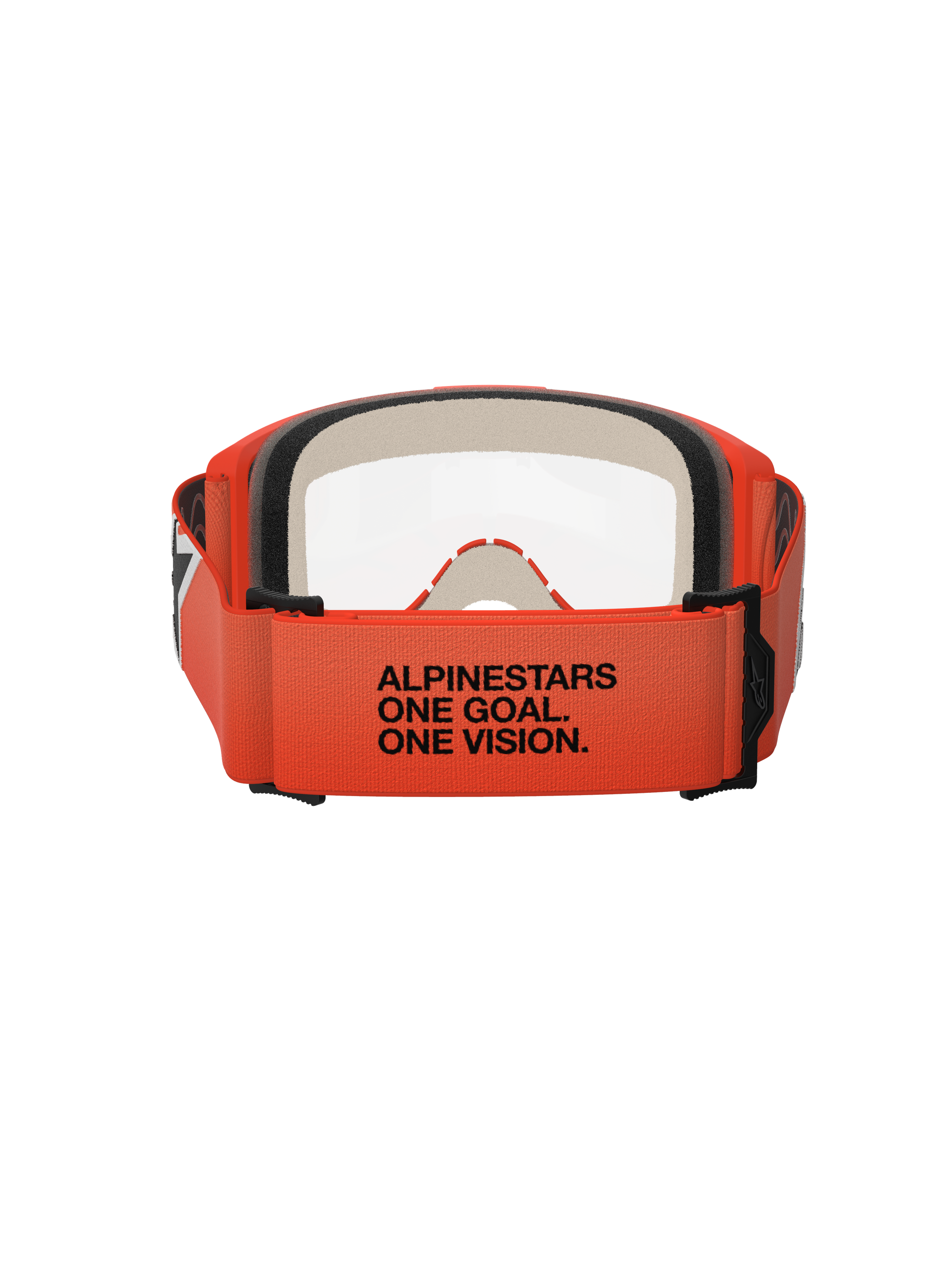 Alpinestars Vision 5 Corp Goggles, Rear View, Orange Strap with Black 'ALPINESTARS ONE GOAL. ONE VISION.' Text, Orange Frame and Clear Lens, Motocross Eye Protection