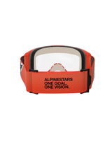 Alpinestars Vision 5 Corp Goggles, Rear View, Orange Strap with Black 'ALPINESTARS ONE GOAL. ONE VISION.' Text, Orange Frame and Clear Lens, Motocross Eye Protection