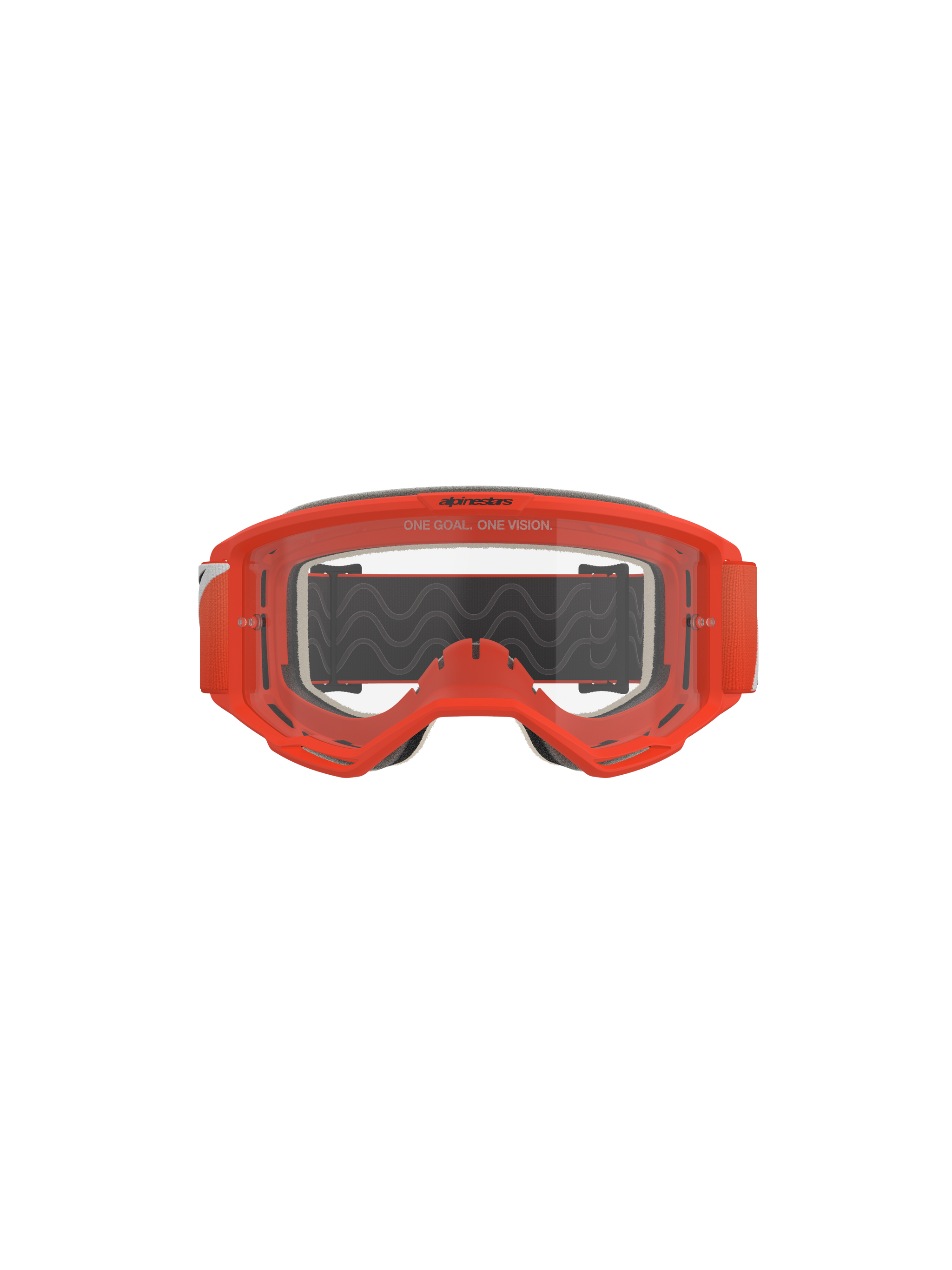 Alpinestars Vision 5 Corp Goggles, Motocross Goggles, Orange with Clear Lens, front view featuring a vibrant orange frame, transparent anti-fog lens with 'One Goal. One Vision' branding, gray face foam, and a black strap with wavy silicone traction.