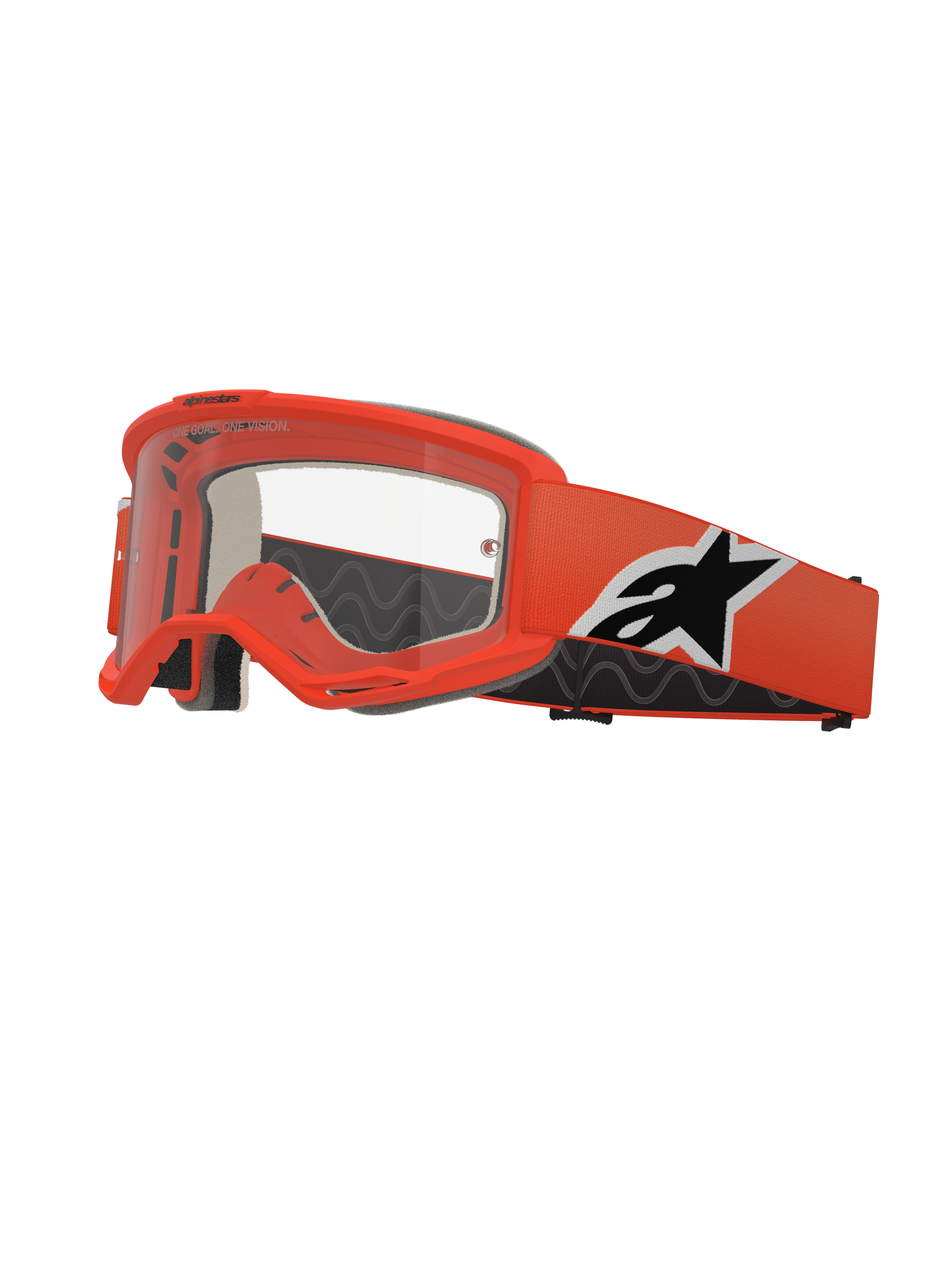 Alpinestars Vision 5 Corp Goggles, Motocross Goggles, Bright Orange, Clear lens, orange strap with black and white Alpinestars logo, thick black face foam, RAM-AIR ventilation slots, aerodynamic design for off-road racing