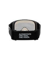 Alpinestars Vision 5 Corp Goggles, Motocross Goggles, Rear View, featuring black woven strap with white 'ALPINESTARS ONE GOAL. ONE VISION.' slogan, 17mm multi-layer face foam, silver mirror lens visible from the interior, designed for secure fit and off-road performance