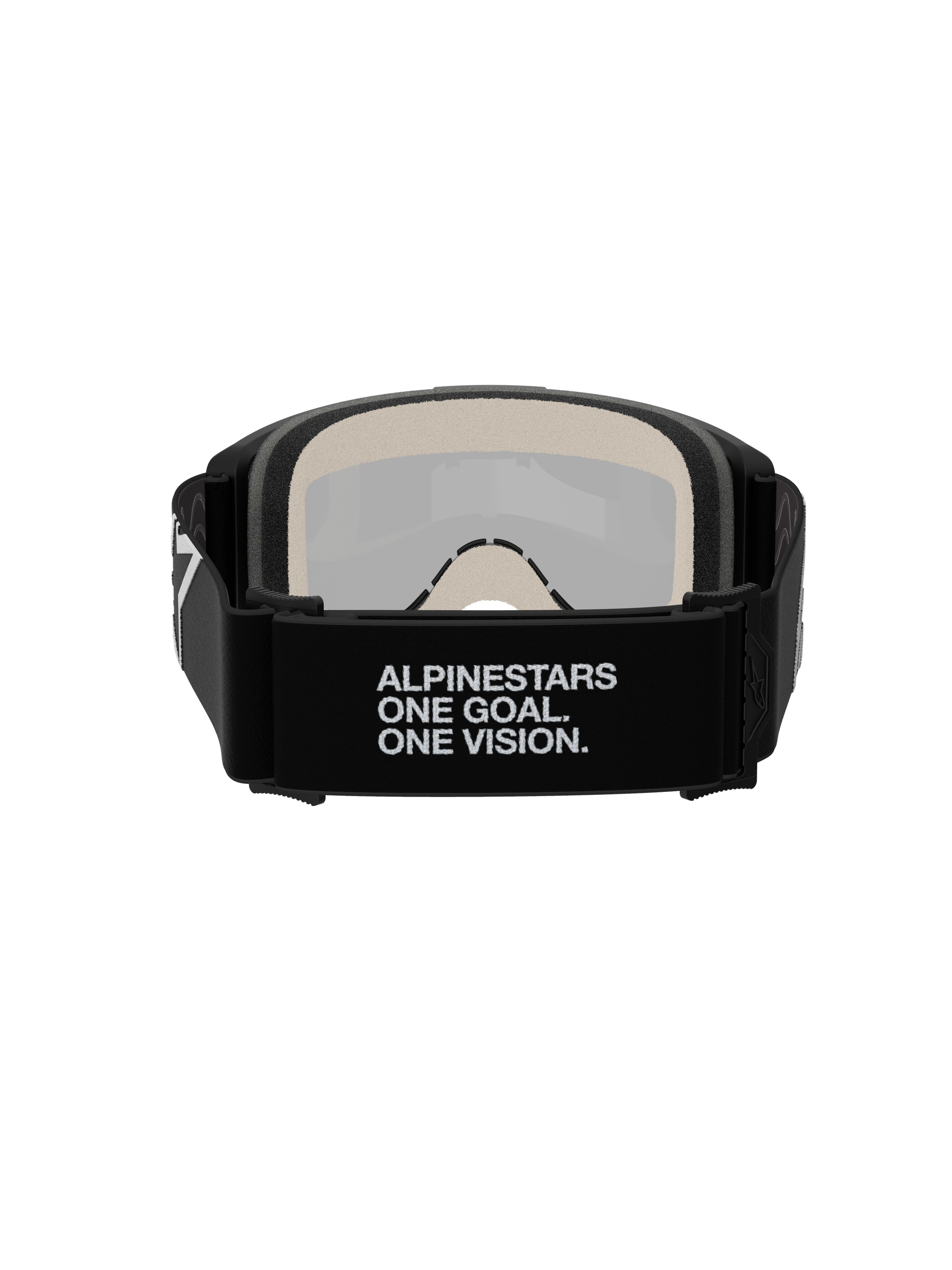 Alpinestars Vision 5 Corp Goggles, Motocross Goggles, Rear View, featuring black woven strap with white 'ALPINESTARS ONE GOAL. ONE VISION.' slogan, 17mm multi-layer face foam, silver mirror lens visible from the interior, designed for secure fit and off-road performance