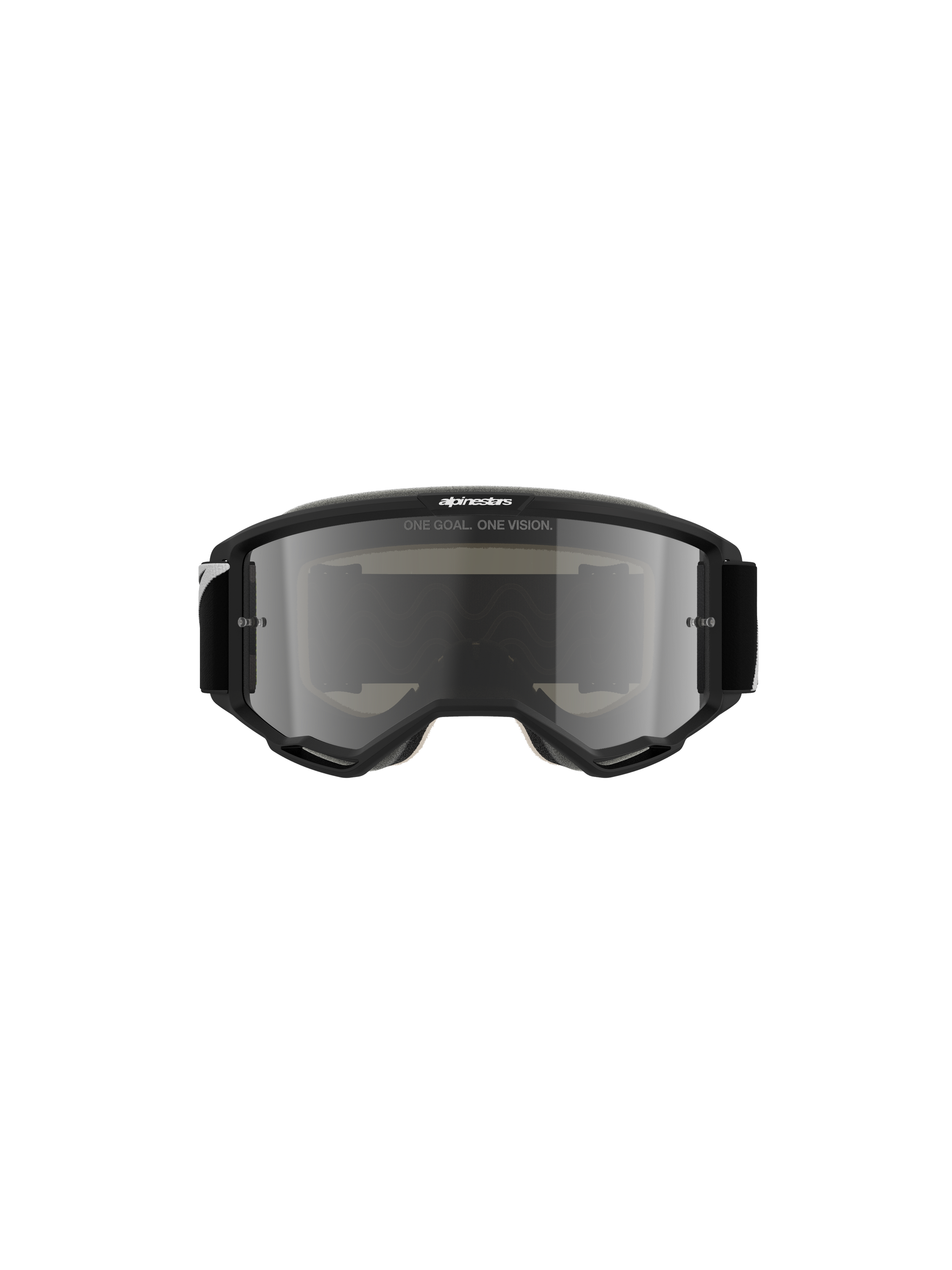 Alpinestars Vision 5 Corp Goggles, Motocross Goggles, Black with Mirror Silver lens, frontal view showing 'ONE GOAL. ONE VISION.' text and Alpinestars logo, sleek design for off-road and motocross racing