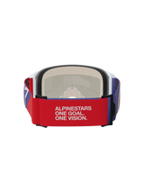 Alpinestars Vision 5 Corp Goggles, Motocross Goggles, Red and Purple, rear view featuring a red elastic strap with white 'ALPINESTARS ONE GOAL. ONE VISION.' slogan, white frame with beige multi-stage face foam, durable off-road eye protection