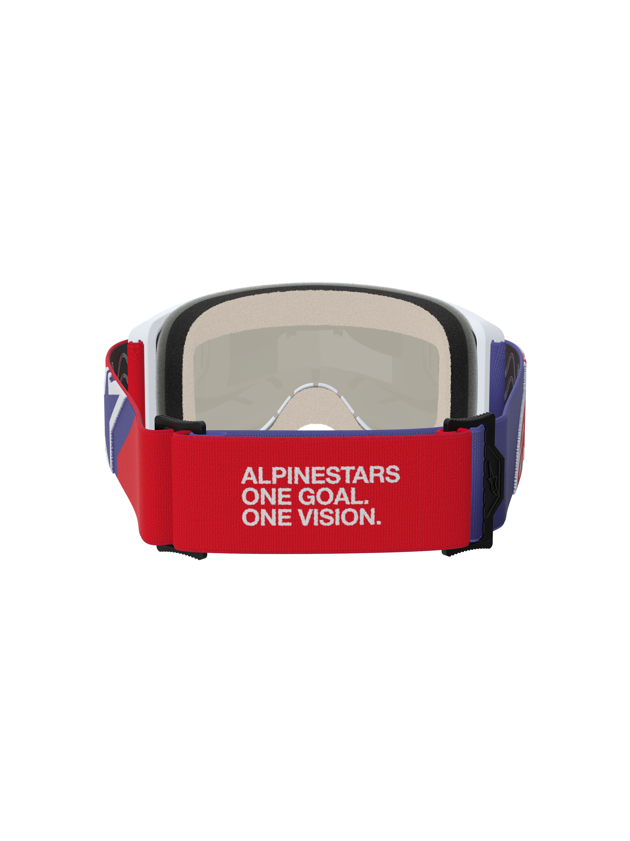 Alpinestars Vision 5 Corp Goggles, Motocross Goggles, Red and Purple, rear view featuring a red elastic strap with white 'ALPINESTARS ONE GOAL. ONE VISION.' slogan, white frame with beige multi-stage face foam, durable off-road eye protection