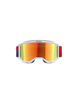 Alpinestars Vision 5 Corp Goggles, Motocross Goggles, White frame with Purple Mirror Red tinted lens, adjustable Red and Purple strap, featuring 'ONE GOAL. ONE VISION.' text on the lens, high-performance protective eyewear for off-road racing.