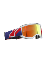 Alpinestars Vision 5 Corp Goggles, Motocross Goggles, Red and Purple colorway with Purple Mirror Red lens, white A-FLEX urethane frame, thick multi-stage face foam, wide adjustable strap with red and white Alpinestars logo, professional off-road racing eyewear.