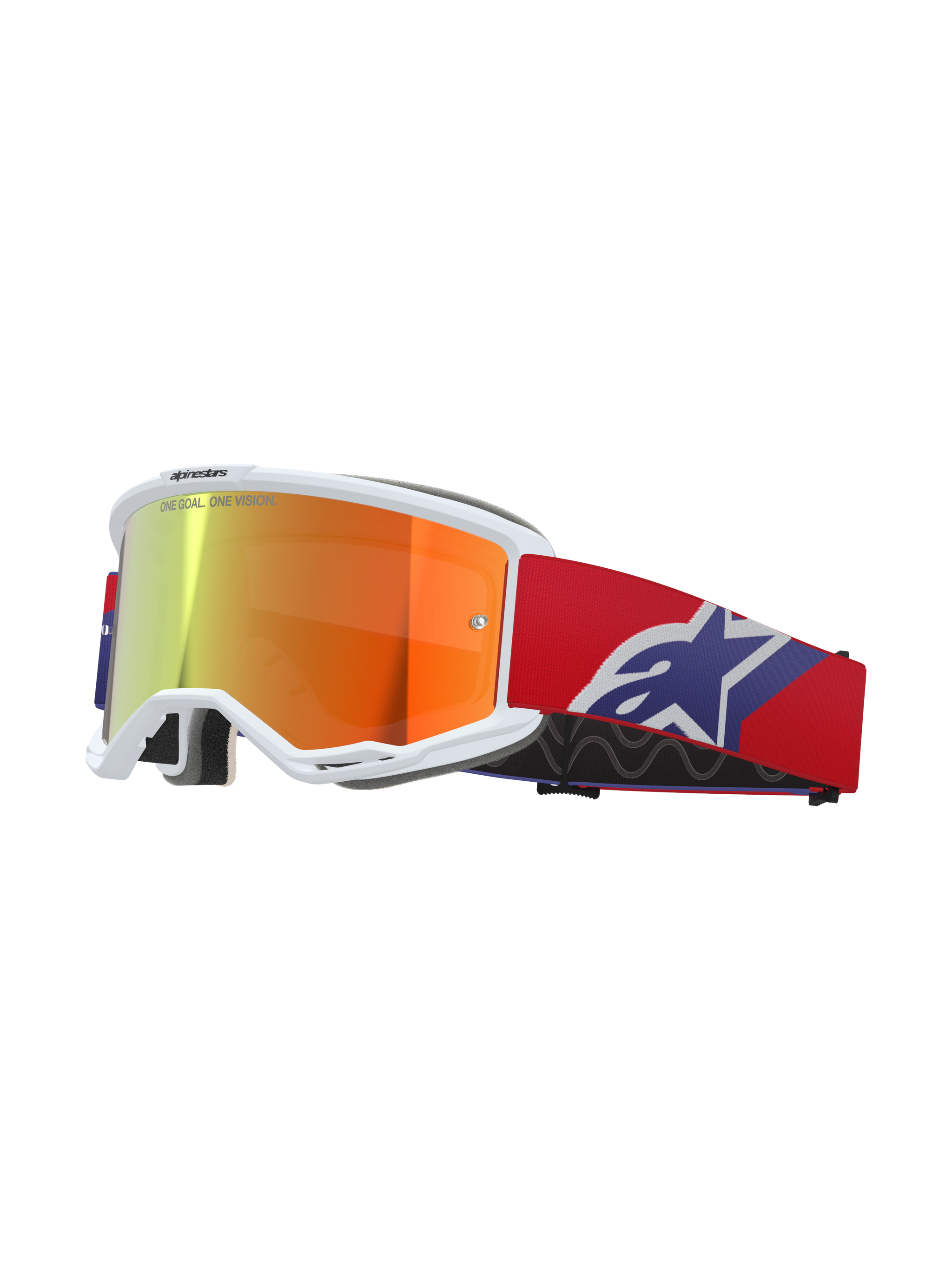 Alpinestars Vision 5 Corp Goggles, white frame with reflective orange and purple mirror lens, "ONE GOAL. ONE VISION." branding, red strap with blue and white star logo, motocross racing eyewear