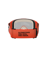 Alpinestars Vision 5 Corp Goggles, back view showing the orange woven strap with black "ALPINESTARS ONE GOAL. ONE VISION." text, multi-layer face foam, orange frame, professional motocross eyewear
