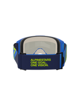 Alpinestars Vision 5 Corp Goggles, Blue and Yellow Fluo, rear view showing dark blue strap with lime green 'Alpinestars One Goal One Vision' text, blue frame and multi-stage face foam, motocross eye protection