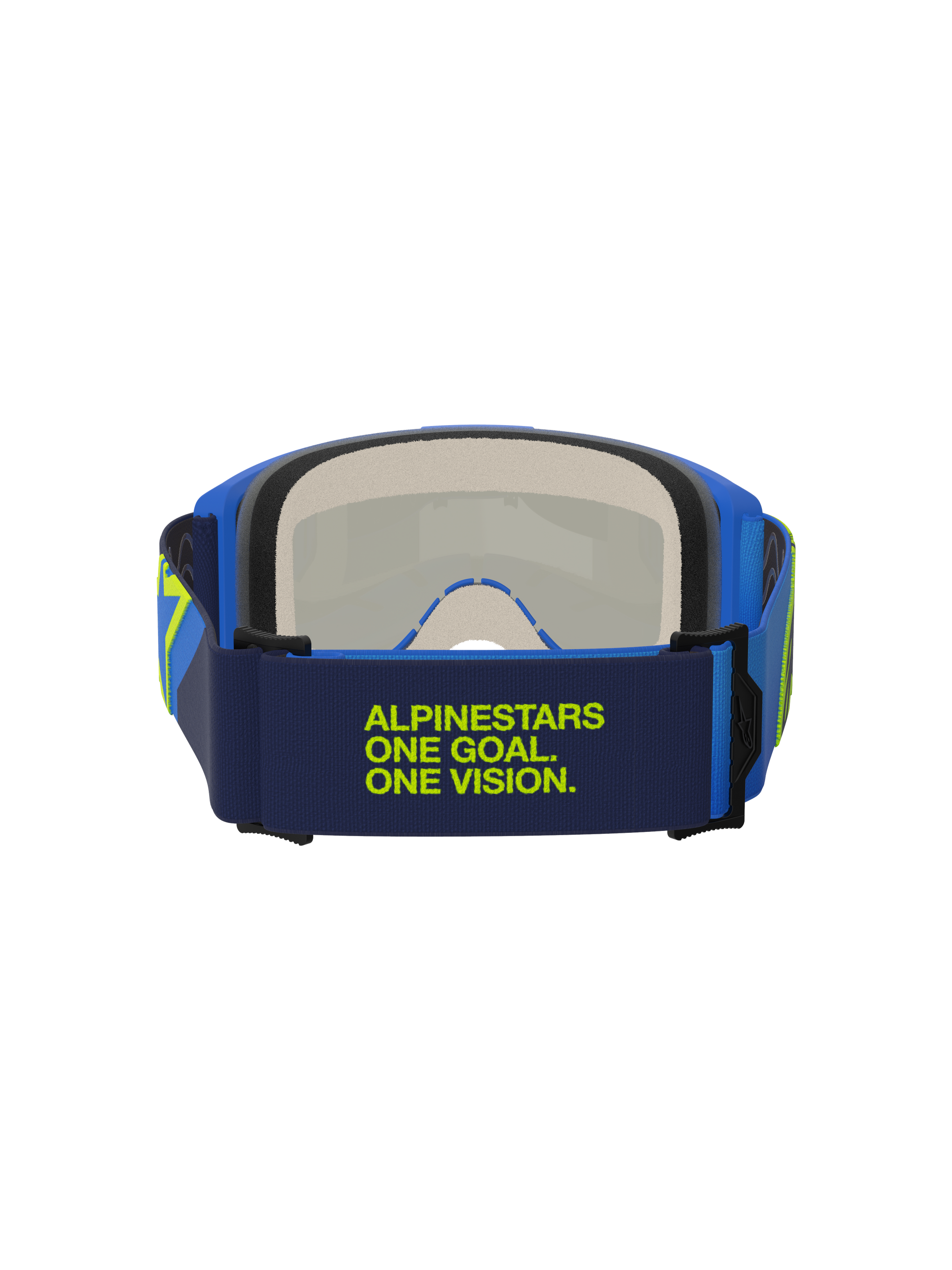 Alpinestars Vision 5 Corp Goggles, Blue and Yellow Fluo, rear view showing dark blue strap with lime green 'Alpinestars One Goal One Vision' text, blue frame and multi-stage face foam, motocross eye protection