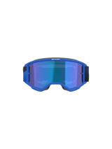Alpinestars Vision 5 Corp Goggles, Motocross Goggles, Blue and Yellow Fluo, Mirror Blue lens with 'ONE GOAL. ONE VISION.' text, front view, ultra-pliable A-FLEX urethane frame, protective eyewear for off-road performance