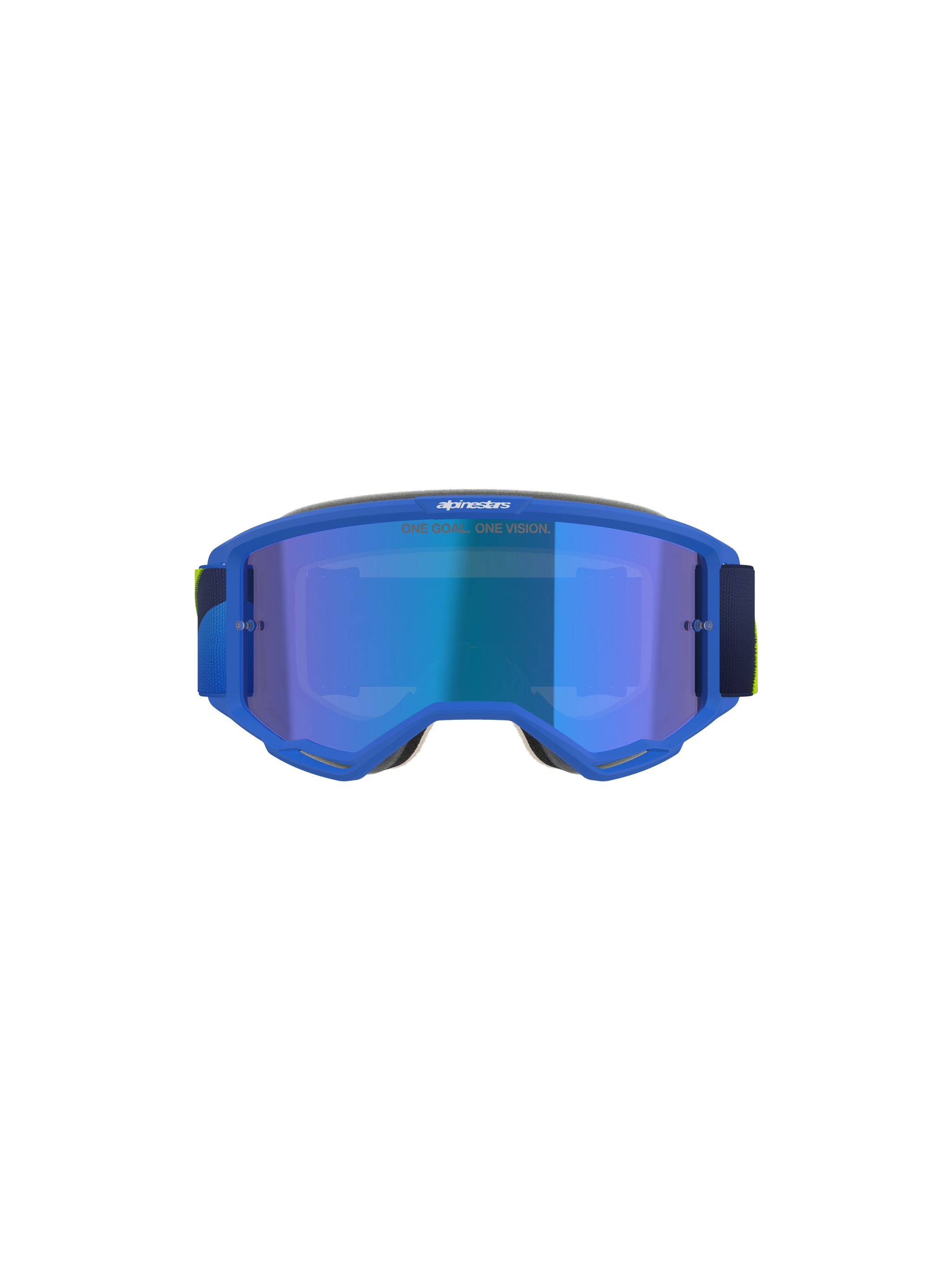 Alpinestars Vision 5 Corp Goggles, Motocross Goggles, Blue and Yellow Fluo, Mirror Blue lens with 'ONE GOAL. ONE VISION.' text, front view, ultra-pliable A-FLEX urethane frame, protective eyewear for off-road performance