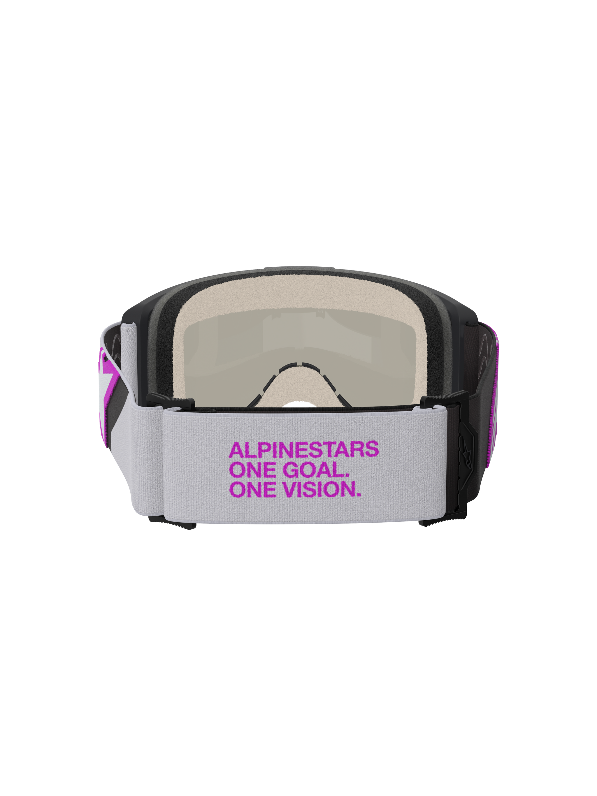 Alpinestars Vision 5 Corp Goggles, Motocross Goggles, Light Gray and Purple Mirror Silver, rear view showing wide woven strap with purple branding, multi-layer face foam, and durable frame construction