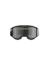 Alpinestars Vision 5 Corp Goggles, Motocross Goggles, Light Gray frame with Purple Mirror Silver lens, front view featuring 'ONE GOAL. ONE VISION.' text, adjustable gray and purple woven strap, high-performance off-road eye protection