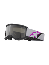 Alpinestars Vision 5 Corp Goggles, Motocross Goggles, Light Gray and Purple Mirror Silver, black frame with silver mirrored lens, light gray woven strap featuring a large purple and black star logo, multi-layer face foam for snug fit, professional off-road protective eyewear