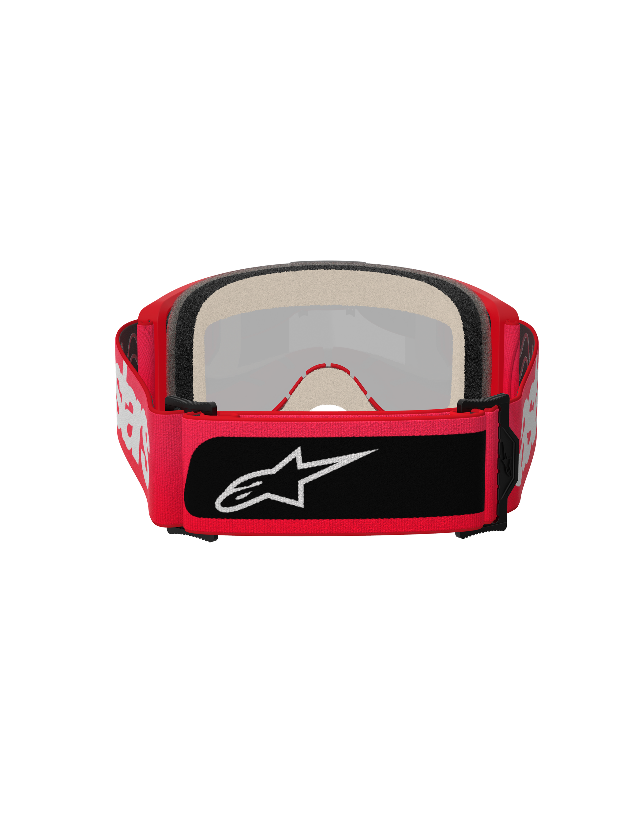 Alpinestars Vision 5 Blaze Goggles, Motocross Goggles, Red, rear view featuring thick multi-layer face foam and a wide adjustable strap with white Alpinestars lettering and a black logo patch