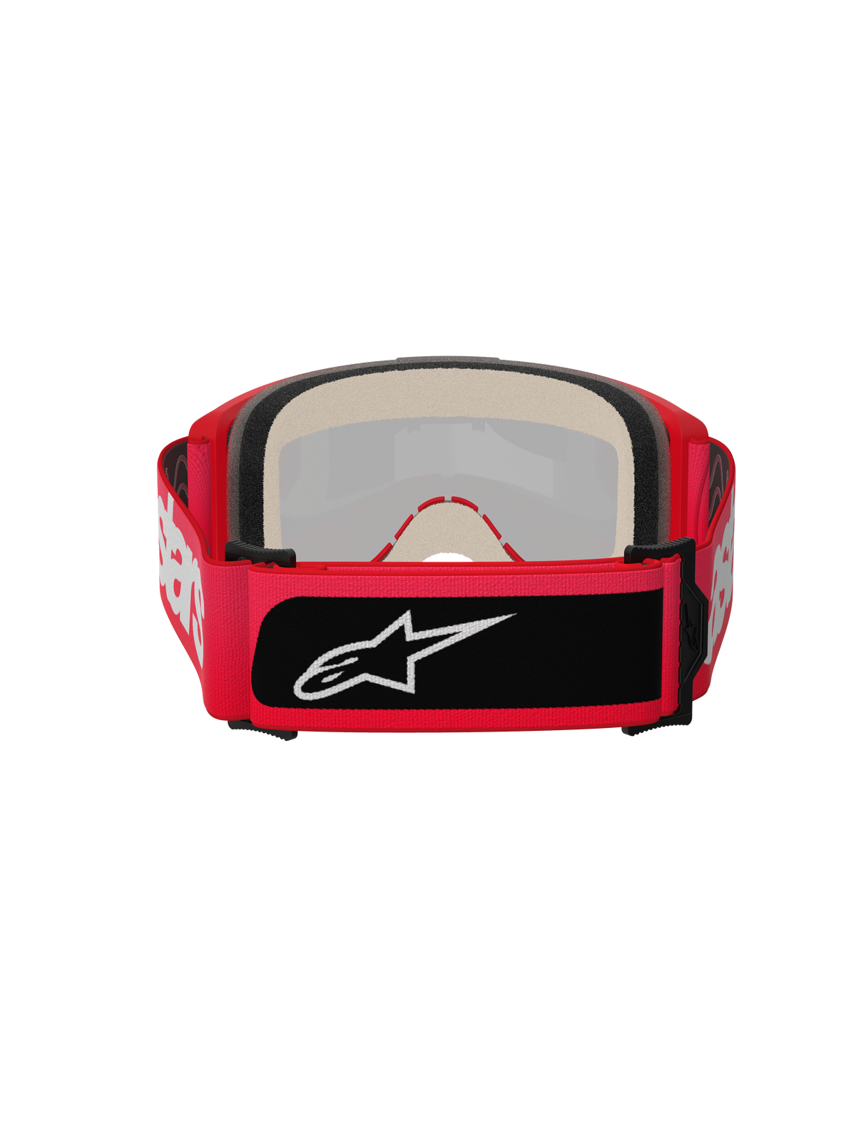 Alpinestars Vision 5 Blaze Goggles, Motocross Goggles, Red, rear view featuring thick multi-layer face foam and a wide adjustable strap with white Alpinestars lettering and a black logo patch