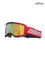 Alpinestars Vision 5 Blaze Goggles, motocross off-road goggles, Red and Gold, featuring mirror lens, wide strap with white Alpinestars branding, and multi-stage face foam, CE certified