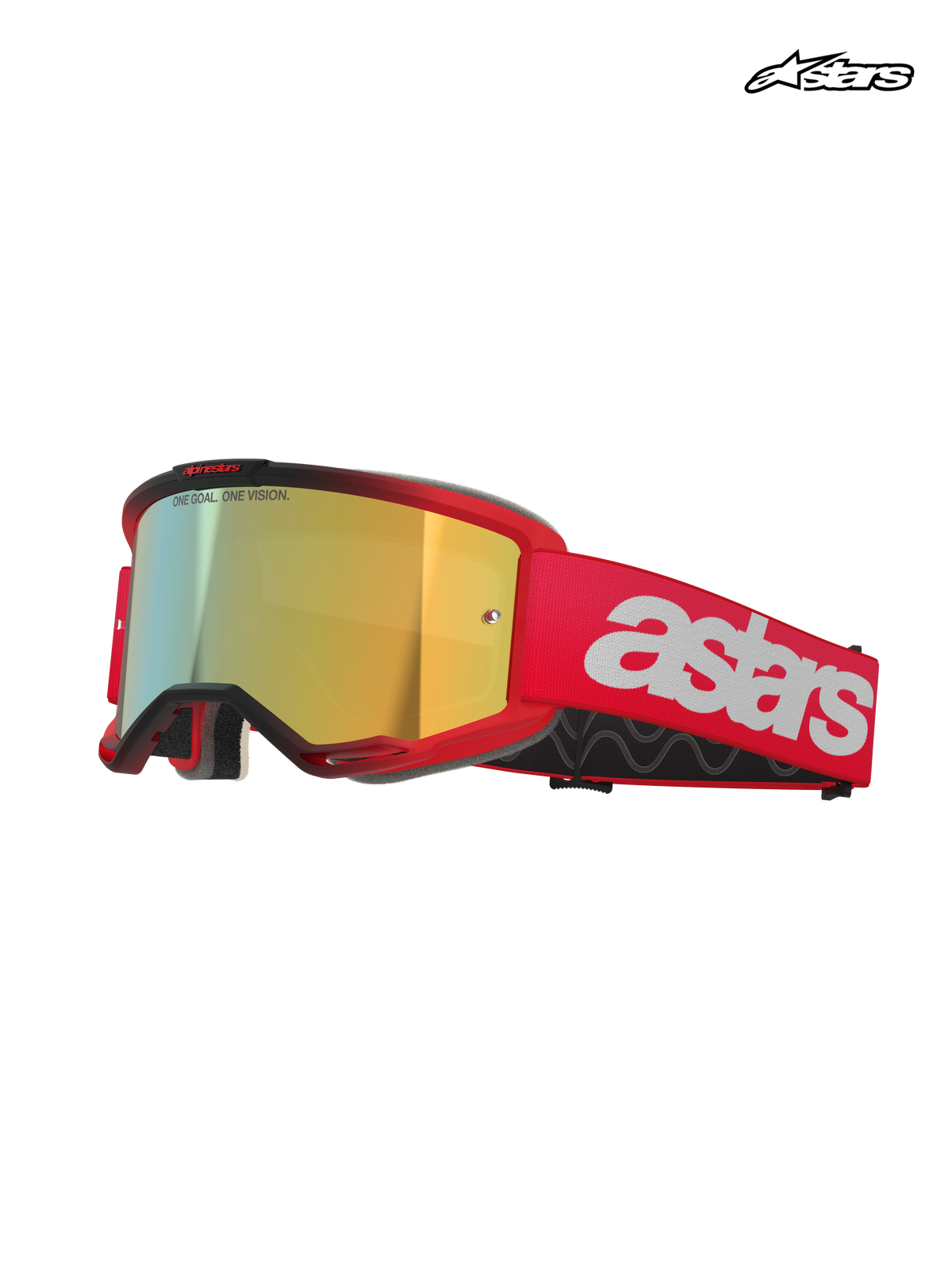 Alpinestars Vision 5 Blaze Goggles, motocross off-road goggles, Red and Gold, featuring mirror lens, wide strap with white Alpinestars branding, and multi-stage face foam, CE certified