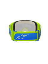 Alpinestars Vision 5 Blaze Goggles, Motocross Goggles, Fluo Yellow and Blue, rear view showing adjustable 45mm woven strap with blue accents and white Alpinestars logo, thick multi-layer face foam, designed for off-road racing