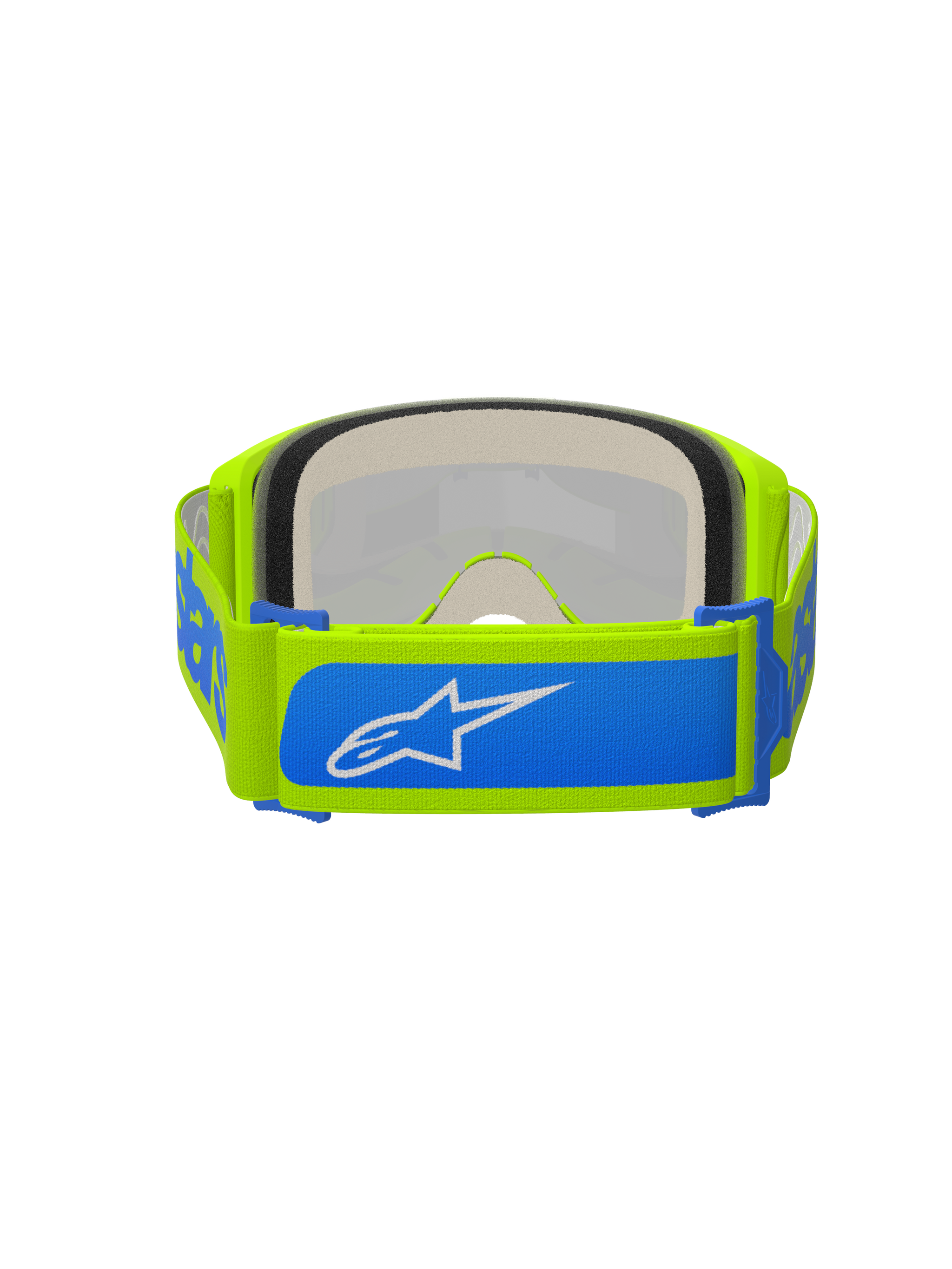 Alpinestars Vision 5 Blaze Goggles, Motocross Goggles, Fluo Yellow and Blue, rear view showing adjustable 45mm woven strap with blue accents and white Alpinestars logo, thick multi-layer face foam, designed for off-road racing