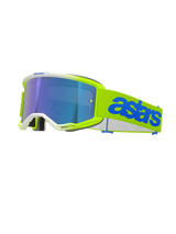 Alpinestars Vision 5 Blaze Goggles, Motocross Goggles, Fluo Yellow and Blue, featuring a blue mirror-tinted lens, neon yellow frame with white trim, adjustable strap with bold blue Astars branding, performance off-road racing eye protection