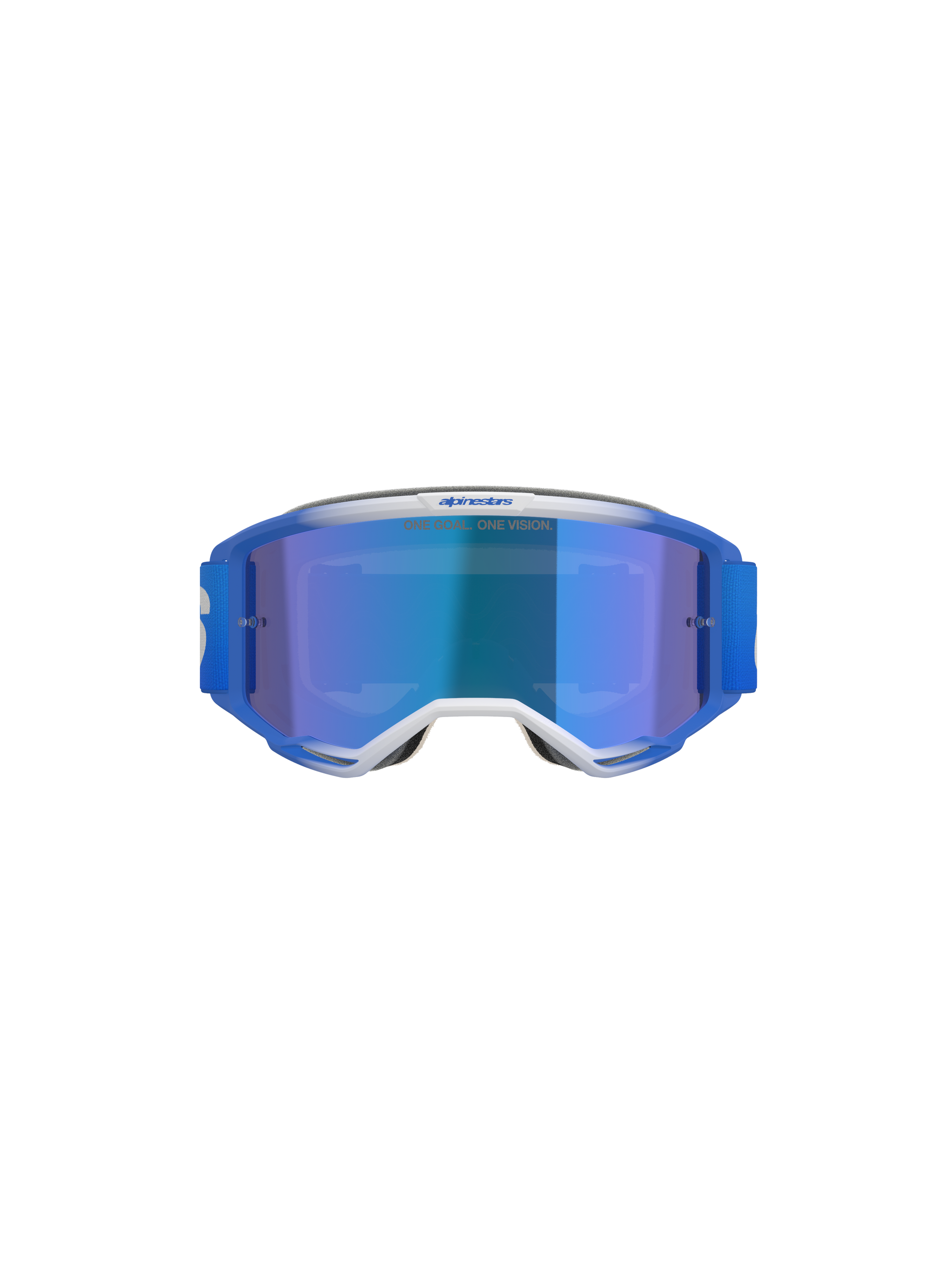 Alpinestars Vision 5 Blaze Goggles, Motocross Goggles, Blue Mirror Blue, front view featuring blue and white A-FLEX frame with blue mirror lens and blue woven strap, professional off-road eye protection