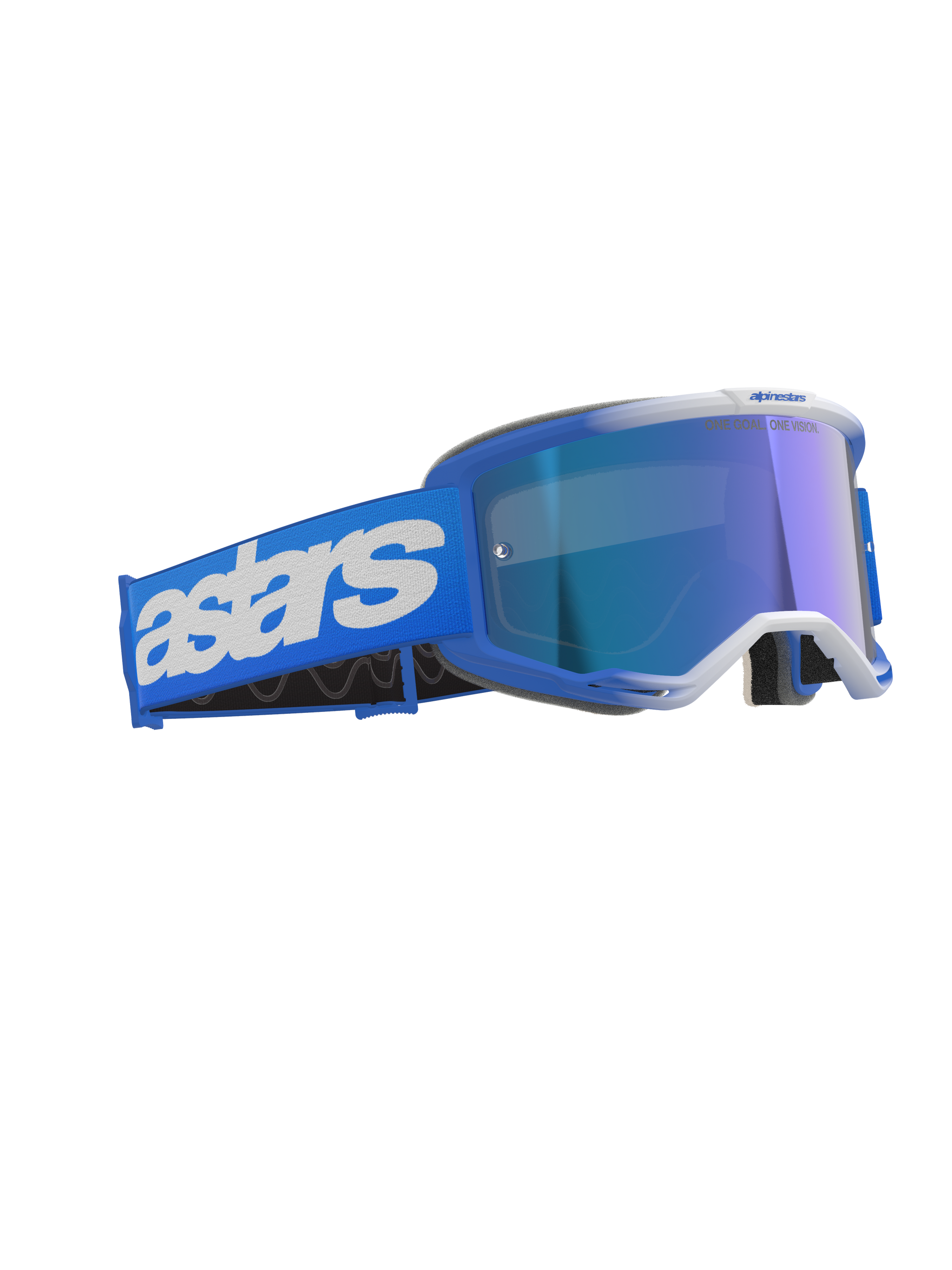 Alpinestars Vision 5 Blaze Goggles, Motocross Goggles, Blue Mirror Blue, featuring a blue frame and mirrored lens, wide blue strap with white Astars branding, performance off-road protective eyewear
