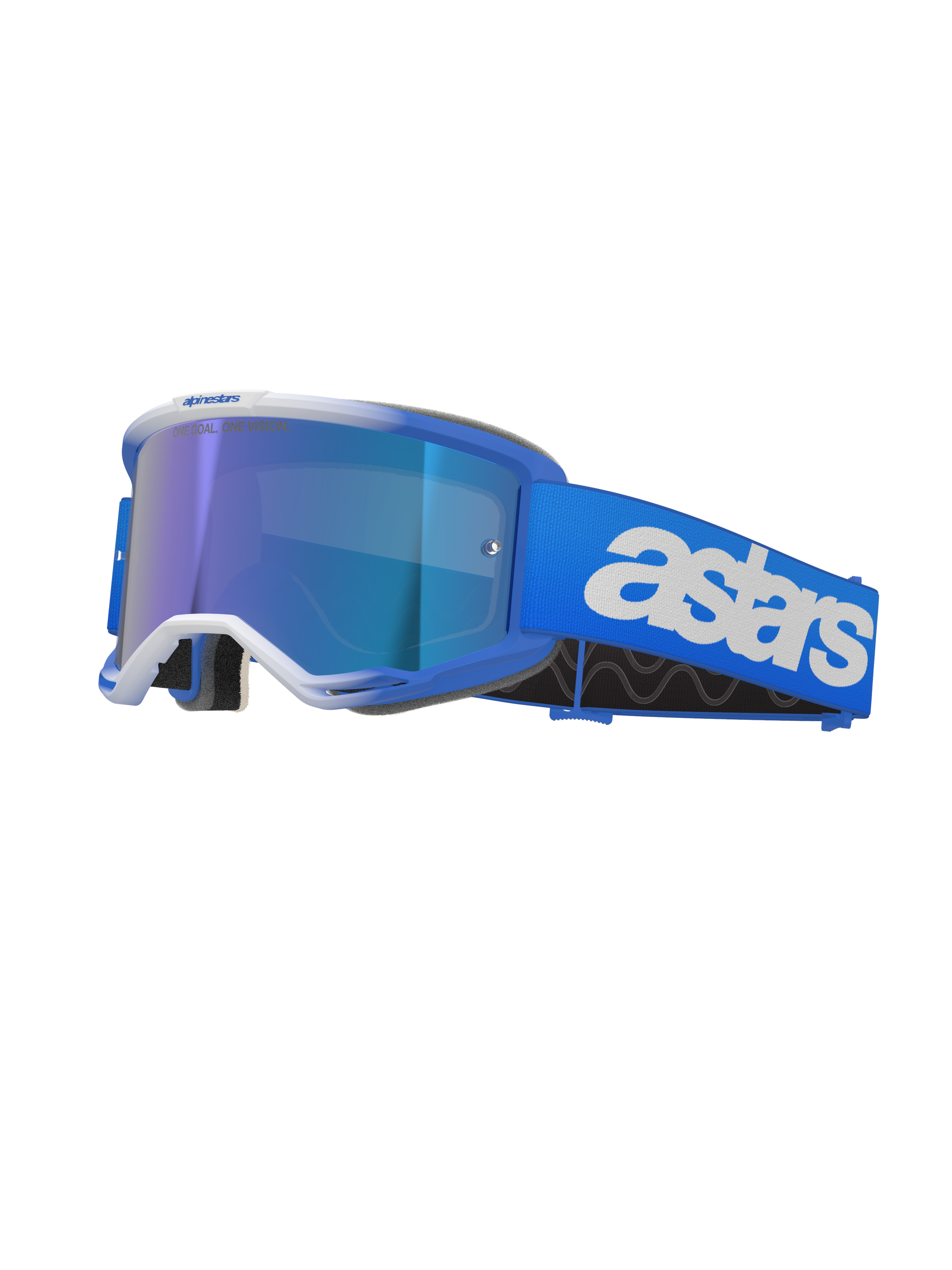 Alpinestars Vision 5 Blaze Goggles, Motocross Goggles, Blue and White, featuring a reflective blue mirror lens, wide blue strap with bold white astars branding, curved frame with white accents, thick black foam padding, professional off-road racing eyewear