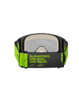 Alpinestars Vision 5 Hollow Goggles, Motocross Goggles, Charcoal and Yellow Fluo, rear view showing wide woven strap with 'ALPINESTARS ONE GOAL. ONE VISION.' branding, multi-layer face foam, designed for off-road racing