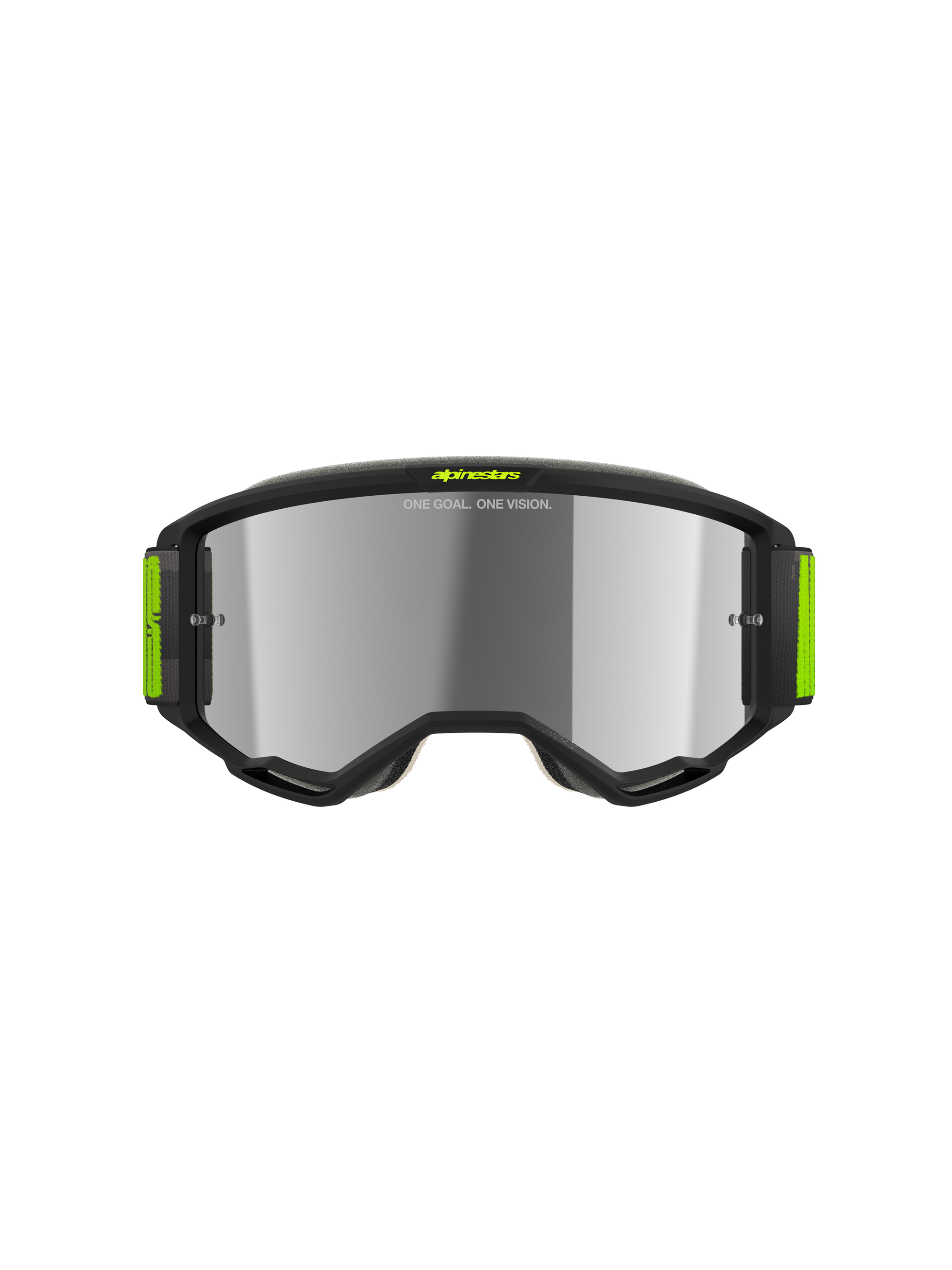 Alpinestars Vision 5 Hollow Goggles, Motocross Goggles, Charcoal and Yellow Fluo, Silver Mirror Lens, sleek charcoal frame with bright yellow accents and wide woven strap, high-performance eye protection for off-road racing