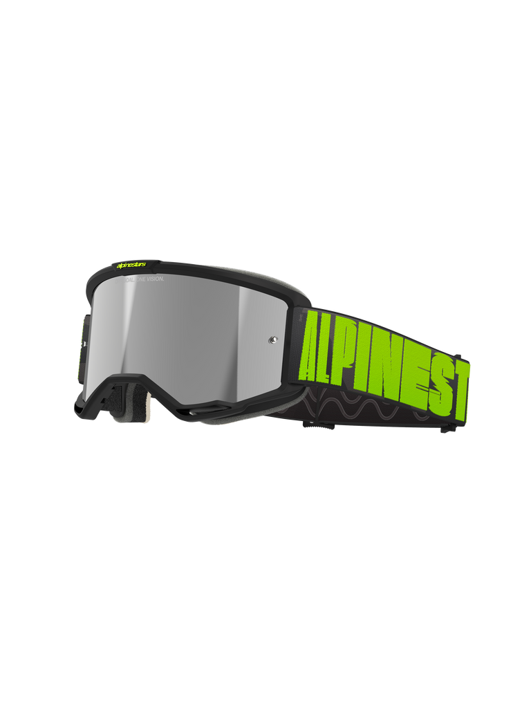 Alpinestars Vision 5 Hollow Goggles, Motocross Off-Road Goggles, Charcoal and Yellow Fluo, reflective silver mirror lens with black frame, wide black strap with bold neon yellow branding and internal silicone grip, ventilation ports and plush face foam