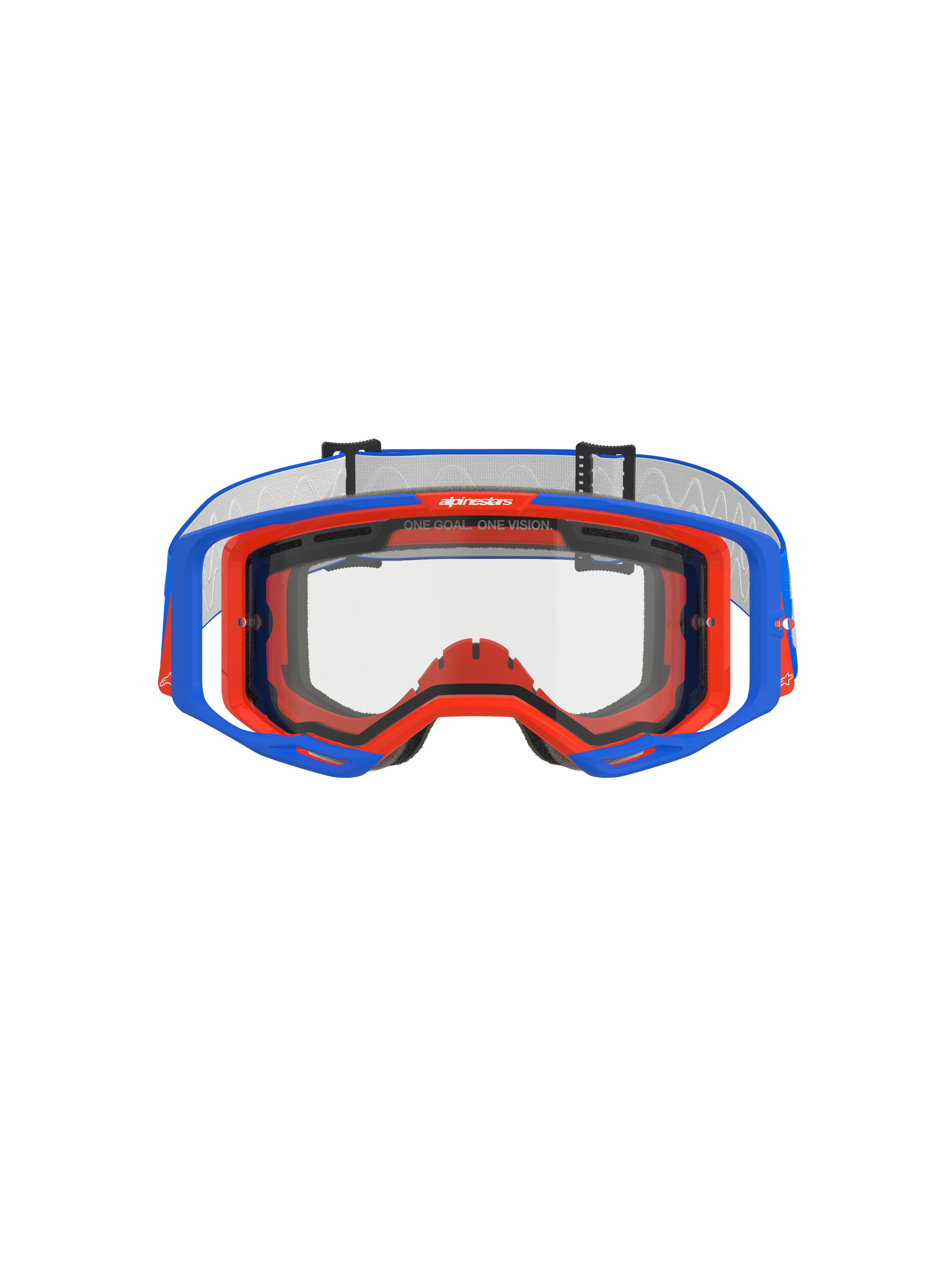 Alpinestars Vision 8 Wordmark Goggles Dual Pane, Motocross Goggles, Blue and Orange with clear lens, front view showing the A-FLEX frame and dual-pane lens, features "ONE GOAL. ONE VISION." slogan on top rim, high-performance off-road racing gear