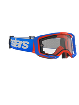 Alpinestars Vision 8 Wordmark Goggles Dual Pane, Motocross Goggles, Blue and Orange with Clear Lens, wide blue strap with bold white wordmark, ergonomic design for off-road racing.