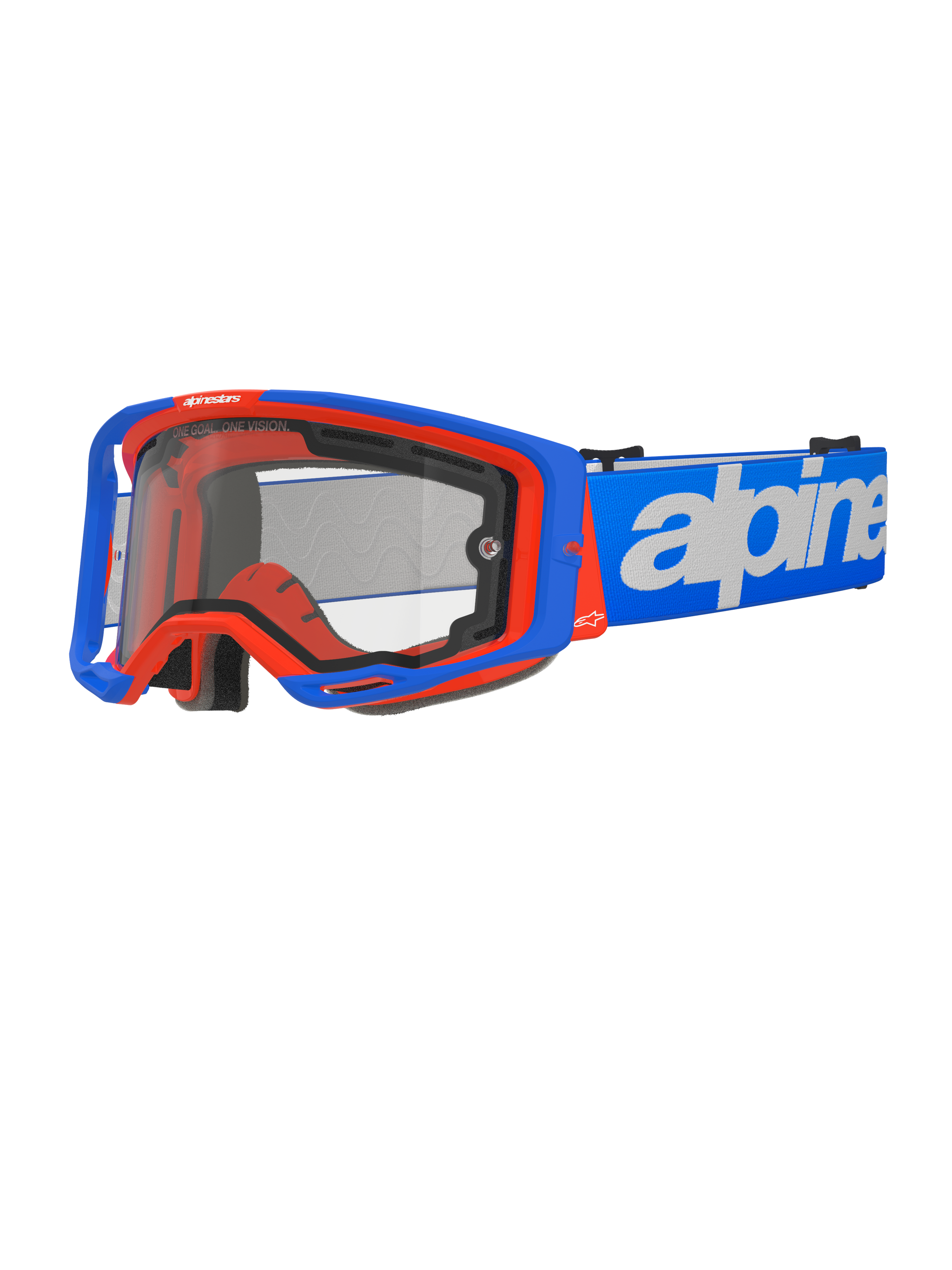 Alpinestars Vision 8 Wordmark Goggles Dual Pane, Motocross Goggles, Blue and Orange, Clear Dual Pane Lens, Blue Strap with White Wordmark Branding, Black Foam Padding, Off-Road Racing Gear