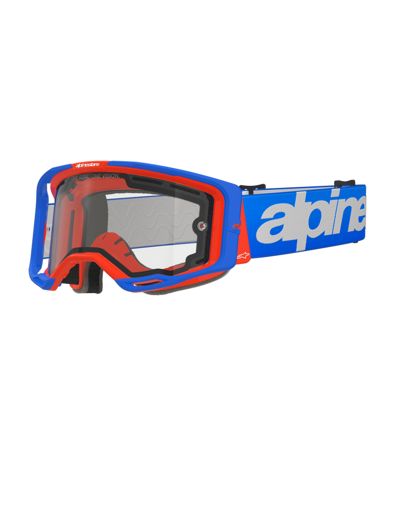 Alpinestars Vision 8 Wordmark Goggles Dual Pane, Motocross Goggles, Blue and Orange, Clear Dual Pane Lens, Blue Strap with White Wordmark Branding, Black Foam Padding, Off-Road Racing Gear