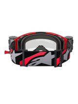 Alpinestars Vision 8 Luar Goggles Roll Off, Motocross Goggles, Red Black and Clear, back view featuring grey interior face foam, roll-off system canisters on the sides, and a wide adjustable strap with a large grey Alpinestars logo and red accents.