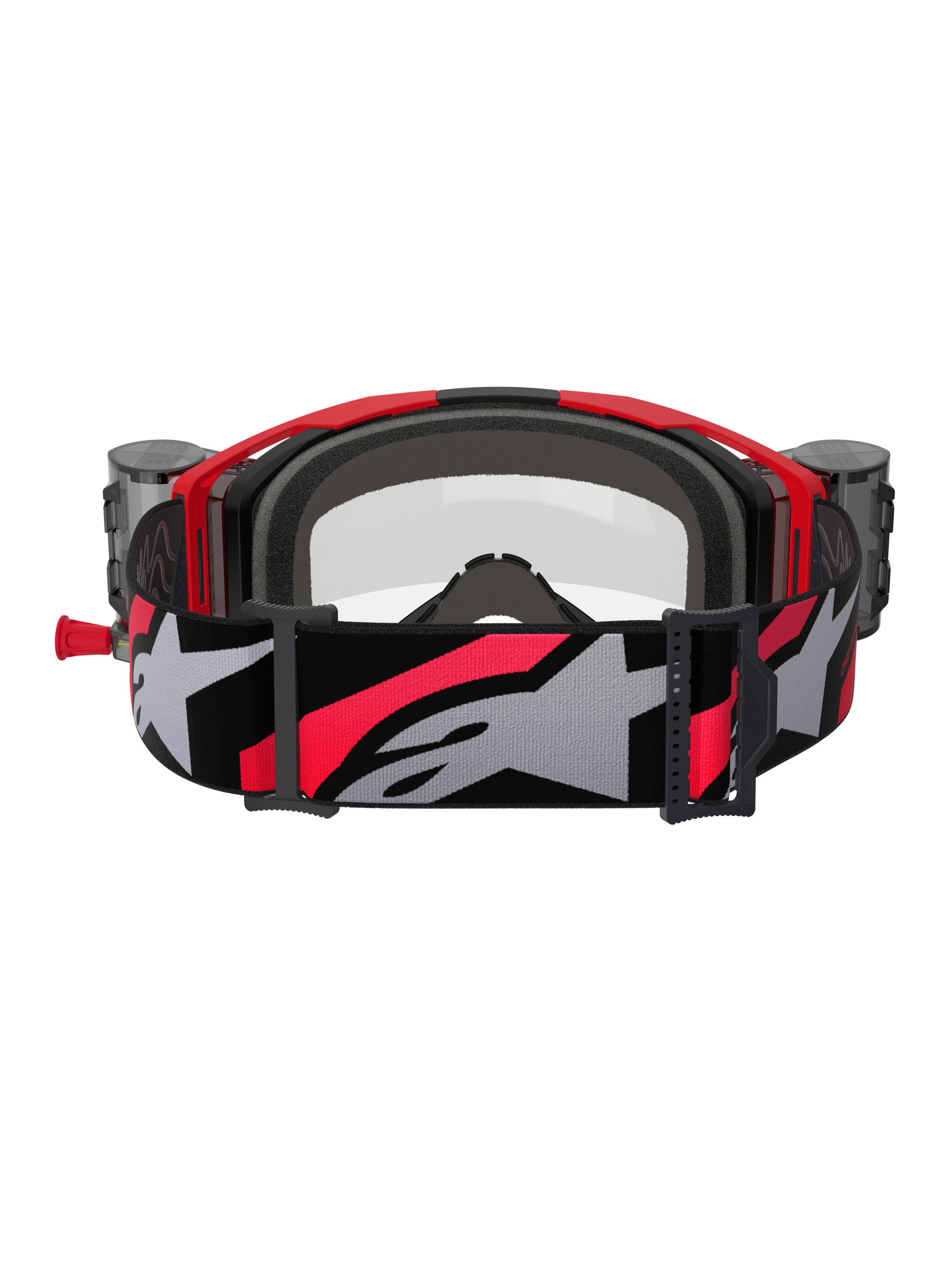 Alpinestars Vision 8 Luar Goggles Roll Off, Motocross Goggles, Red Black and Clear, back view featuring grey interior face foam, roll-off system canisters on the sides, and a wide adjustable strap with a large grey Alpinestars logo and red accents.