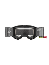 Alpinestars Vision 5 Corp Goggles Roll Off, Motocross Goggles, Black with Clear Lens, featuring integrated Wide Vision Roll-Off system canisters, anti-fog polycarbonate lens, A-FLEX urethane frame, and bold Alpinestars branding.