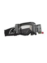 Alpinestars Vision 5 Corp Goggles Roll Off, Motocross Goggles, Black with Clear Lens, featuring Wide Vision Roll-Off system with canisters and film, black woven strap with white Alpinestars logo, high-performance eye protection for off-road racing.