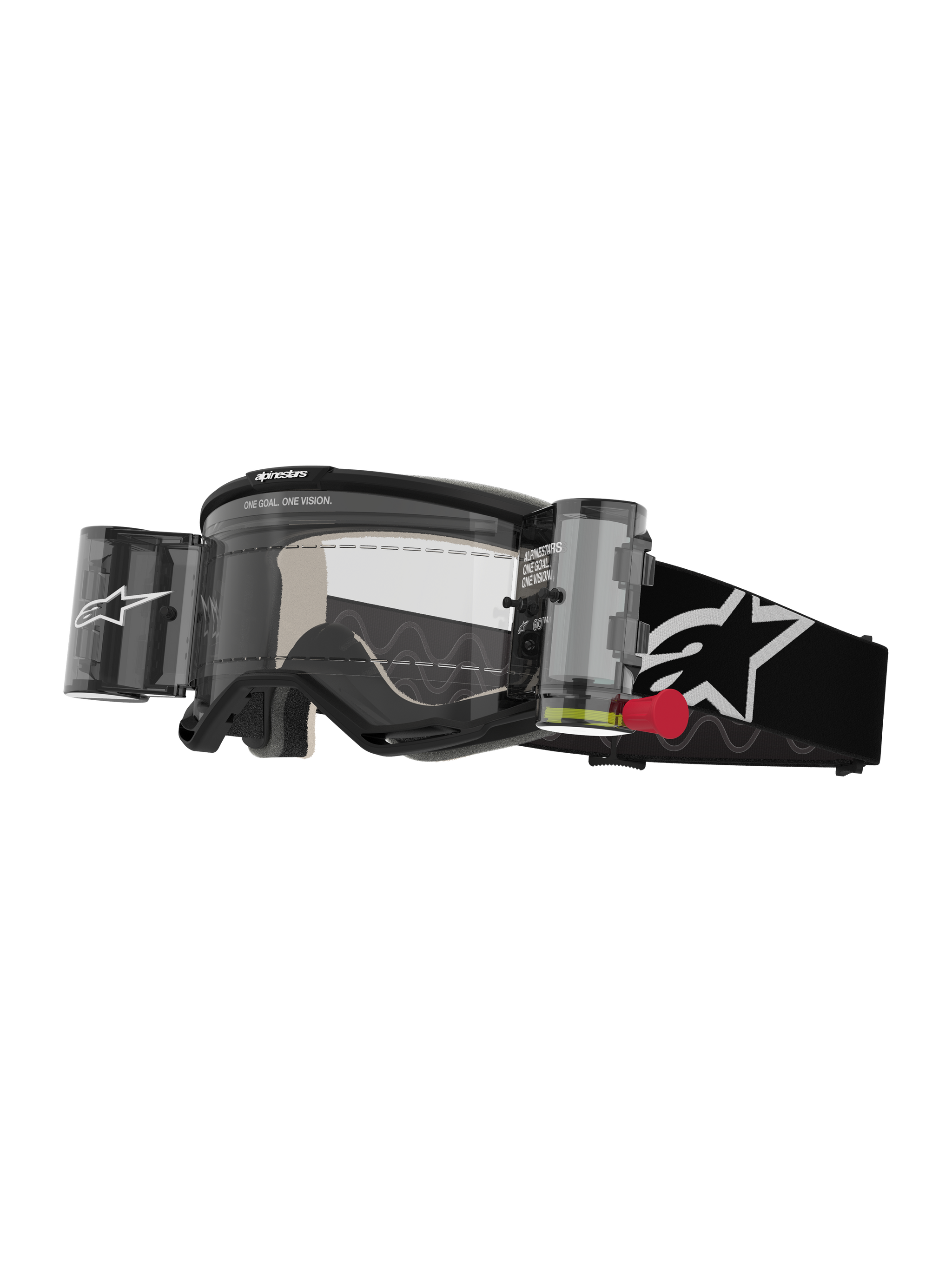 Alpinestars Vision 5 Corp Goggles Roll Off, Motocross Goggles, Black and White, clear lens with integrated Wide Vision roll-off system, red pull tab, black strap with white star logo, ONE GOAL ONE VISION branding