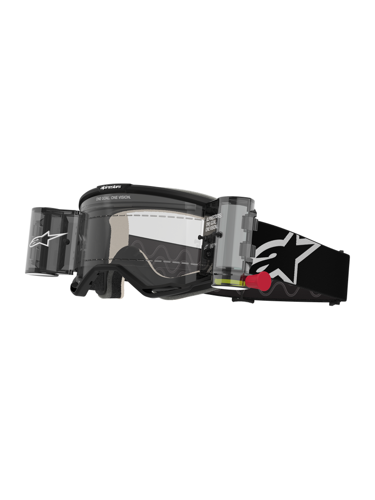 Alpinestars Vision 5 Corp Goggles Roll Off, Motocross Goggles, Black and White, clear lens with integrated Wide Vision roll-off system, red pull tab, black strap with white star logo, ONE GOAL ONE VISION branding