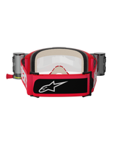 Alpinestars Vision 5 Blaze Goggles Roll Off, Red and Black, Rear view showing wide woven strap with white branding and black logo patch, thick multi-stage face foam, and Wide Vision Roll-Off system canisters on the sides, motocross protective gear